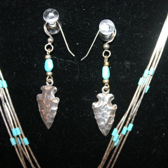 Liquid Silver Beads & Turquoise Southwest Necklace & Earring Set B-188 - Picture 6 of 7
